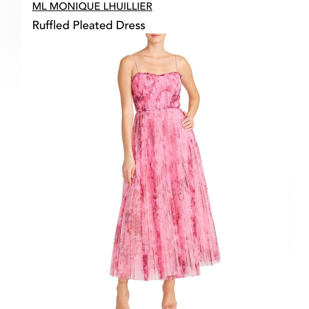 Monique Lluillier Floral Pleated Tulle Gown